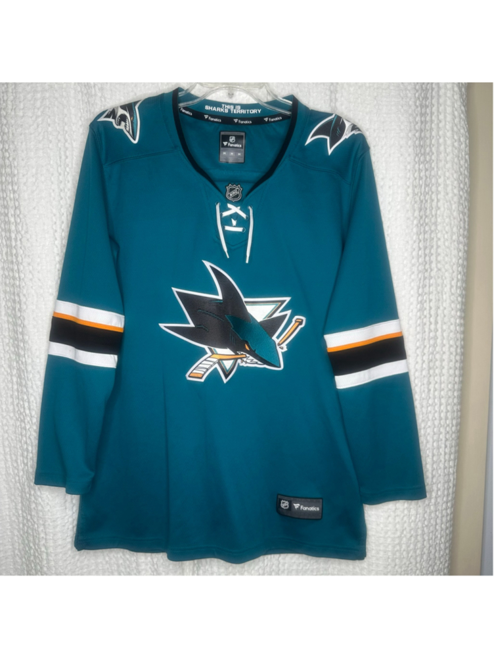 Official NHL San Jose Sharks Hockey Teal Lace-Up Fanatics Breakaway Jersey M